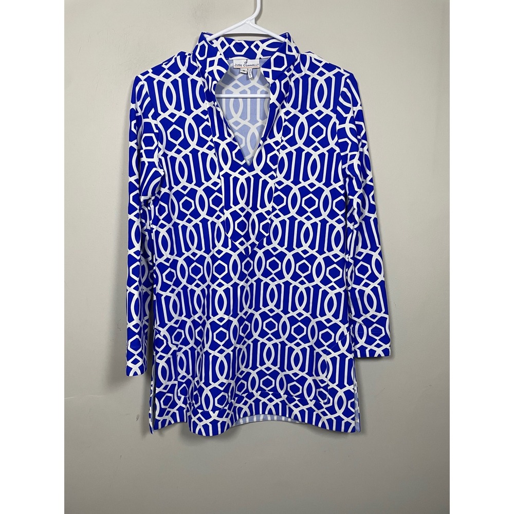 Jude‎ Connally Cris Tunic Blue Geometric Long Sleeve Size Small Old Money Preppy